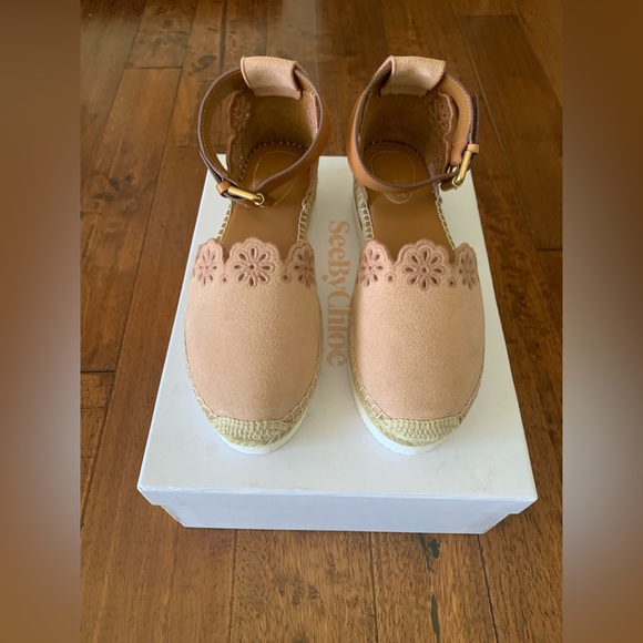 NEW See By Chloe Glyn Espadrille Ankle Sandals Suede Shoes Sz 37 Cipria blush - Picture 2 of 7